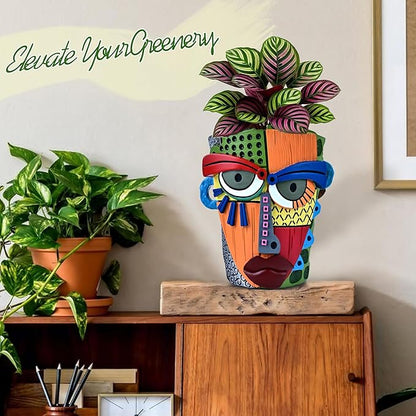 Abstract Face Planter Pots for Plants,Hand-Painted Colorful Flower Pots with Drainage, Indoor Outdoor Garden Decor Gift(Modern,Large)