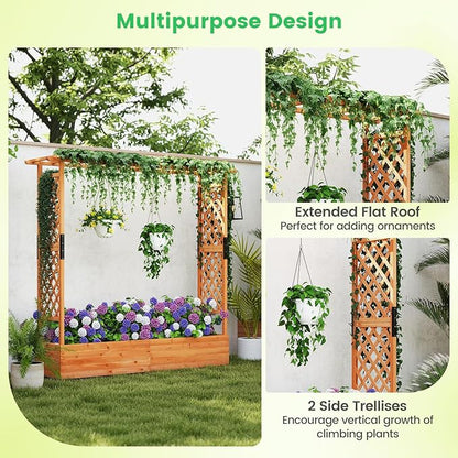 Giantex Raised Garden Bed with Trellis & Hanging Roof, Wood Planter Box with Bottom and Drainage Holes, Freestanding Garden Planter for Flower Vegetable Fruit Herb Climbing Vines, 77"x17"x72"