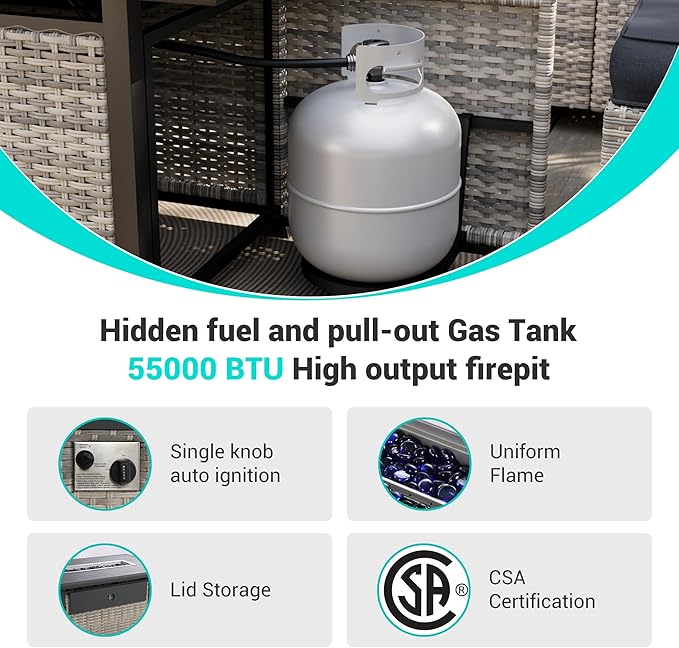9-Piece Outdoor Patio Furniture Set with 55,000 BTU Fire Pit Table, PE Wicker Rattan Sectional Sofa Patio Conversation Set with Ottomans & Coffee Table, Dark Grey
