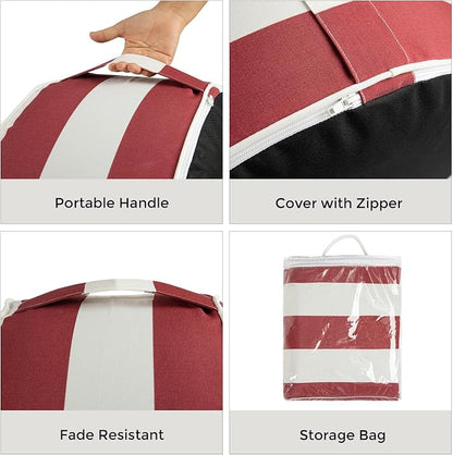 Inflatable Patio Ottoman with Air Pump, 20-Inch Round Red Stripe Pouf