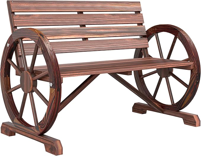 Outsunny 41" Wooden Wagon Wheel Bench, Rustic Outdoor Patio Weather Resistance Furniture, 2-Person Slatted Seat Bench with Backrest, Carbonized