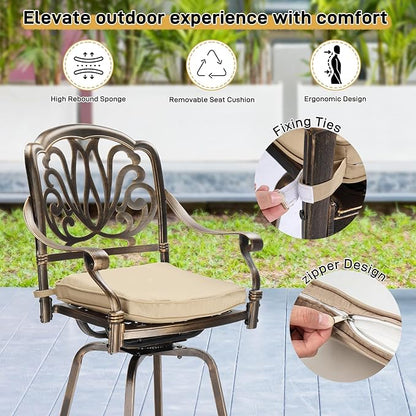 VINGLI Outdoor Swivel Bar Stools Set of 2, Cast Aluminum Patio Bar Height Chairs, All-Weather Bar Dining Chairs Outdoor Swivel Patio Furniture (Elizabethan Back)