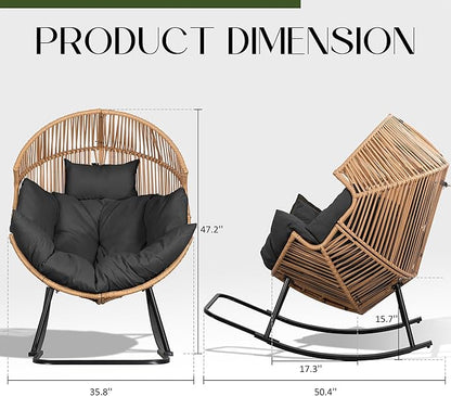 JAMFLY Egg Chair Outdoor Rocking Chairs, Wicker Patio Chair Oversized Lounger Chair with Cushion for Indoor Living Room Bedroom Outside Patio Backyard Balcony, Gray Cushion