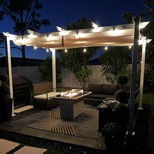 PURPLE LEAF 10' x 13' Aluminum Outdoor Pergola Retractable Pergola with Double Sun Shade Canopy White Modern Grape Trellis Metal Pergola with Light for Patios Garden Deck Backyard, White