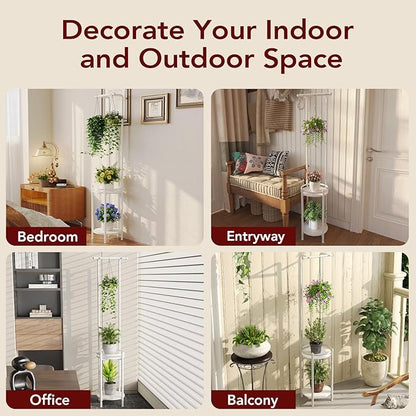 Plant Stand Indoor Outdoor - Heavy Duty Metal 2-tier Hanging Plant Holder Space-Saving Iron Plant Stands Tall Plant Shelf for Living Room Garden Balcony (White)