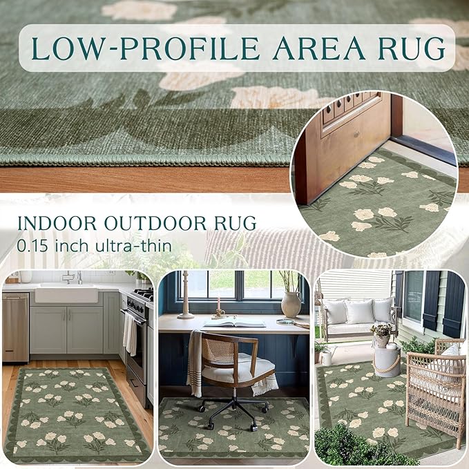 Outdoor Rug 3x5 Sage Green Floral Washable Entry Mat