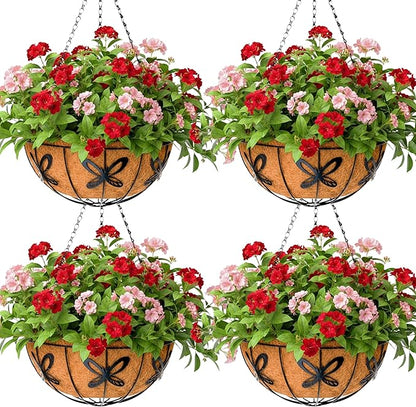 Metal 10 inch Round Planter, 4 Pack Hanging Wire Basket with Coco Fiber Liners for Outdoor Plants, Garden, Patio, Deck, Porch