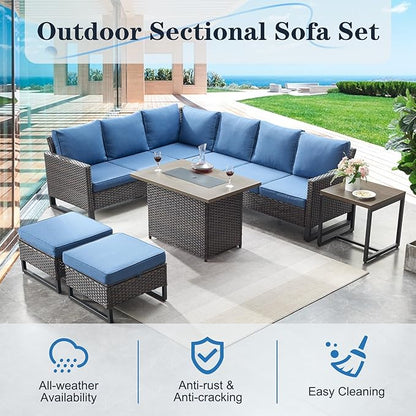 Belord Outdoor Sectional Sofa 6 Seater L Shaped Couch Wicker Patio Conversation Furniture Set Rattan Outdoor Furniture with Removable Washable Cushion, Brown/Blue