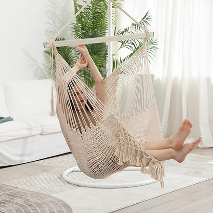 Hammock Chair，Max 330lbs, Large Hanging Chair, Soft Cotton Rope Swing Chair with High Load-Bearing Metal Rod,Indoor Outdoor Garden Yard Living Room Use Beige