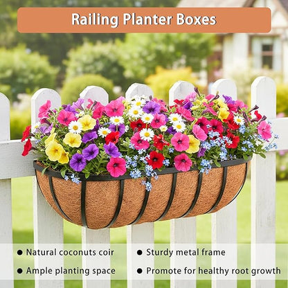 16'' Window Box Railing Planter with Coco Liner,4 Pack Horse Trough Planters Black Metal Hanging Flower Planters Basket for Porch Fence Patio Indoor Outdoor Lawn