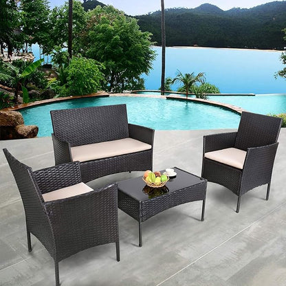 Homall 4 Pieces Outdoor Patio Furniture Sets Rattan Chair Wicker Set,Outdoor Indoor Use Backyard Porch Garden Poolside Balcony Furniture (Black and Beige)
