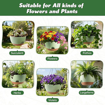 4-Piece Set of 8-Inch Hanging Planters with Automatic Watering System and Drip Tray, Includes Metal Chain, Suitable for Various Indoor and Outdoor Plants and Flowers, Green-Brown