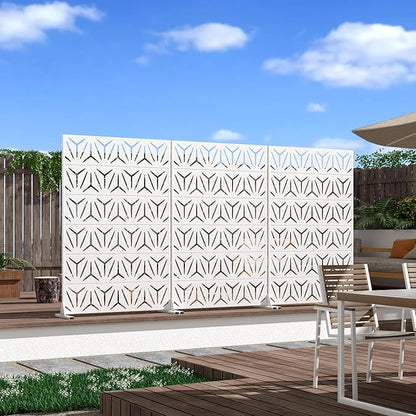 Casaphoria Metal Privacy Screen Outdoor, 72" H x 47" W Freestanding Decorative Privacy Screen for Patio Deck Balcony Garden with Stable Base, White-Star