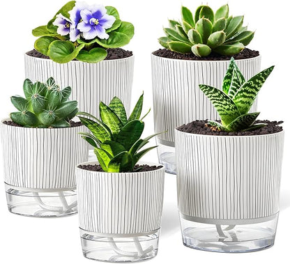 5 Pack Self Watering Pots for Indoor Plants, 4" + 5.5" Decorative Planters for Indoor Plants, Easy-Care Pots for African Violet, Orchid, Snake Plant, Herbs