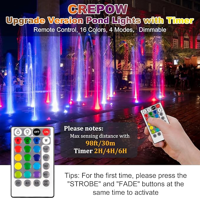 RGB Pond Lights with Timer, LED Underwater Submersible Colorful Landscape Spotlights, 98ft Remote Control IP68 Waterproof Fountain Lights for Fish Aquarium Tank Garden Yard Pool (Set of 6)