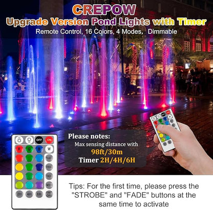 RGB Pond Lights with Timer, LED Underwater Submersible Colorful Landscape Spotlights, 98ft Remote Control IP68 Waterproof Fountain Lights for Fish Aquarium Tank Garden Yard Pool (Set of 6)