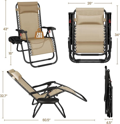 Yaheetech Zero Gravity Recliners Outdoor Adjustable Folding Reclining Lounge Chairs w/Pillows, Cup Holder Trays and Carry Strap for Patio Backyard Beach Beige Set of 2