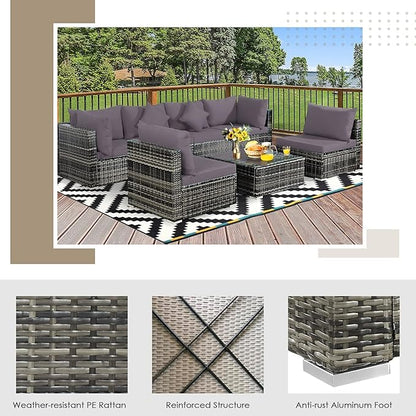 Tangkula 7 Pieces Wicker Patio Furniture Set, All-Weather Outdoor Rattan Sectional Sofa Set with Cushions & Tempered Glass Coffee Table, Outside Sofa Set for Garden, Lawn, Deck, Backyard (Grey)