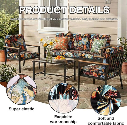 Outdoor Cushion Covers, 8-Piece Floral Stretch Set with Non-Slip Straps