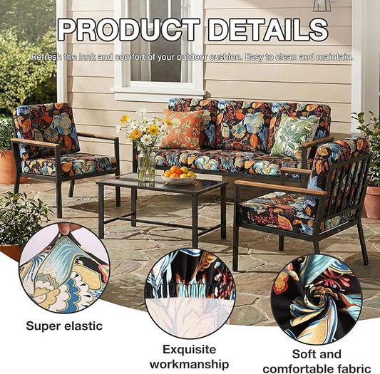 Outdoor Cushion Covers, 8-Piece Floral Stretch Set with Non-Slip Straps