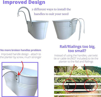 LaLaGreen Rail Planter Outdoor (6 Pack, 11.8 Inch) White Metal Iron Hanging Flower Pots Deck Railings Fence Buckets Modern Countryside Boho Style Wall Mount Window Box Plant Holder Hooks Porch Decor