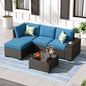 Jing's Villa 5-Piece Patio Furniture Set, All-Weather Outdoor Wicker Sectional Sofa with Cushions, Tempered Glass Table & Ottoman, Rattan Conversation Seating for Porch, Garden, Backyard,Peacock Blue