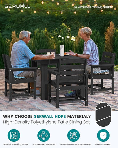 SERWALL Outdoor Dining Set for 4, HDPE Square Table and Chairs Set All Weather Patio Dining Set with 4 Classic Dining Chairs, 5-Piece Patio Dining Furniture for Deck, Black