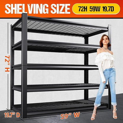 72" H Garage Shelving Heavy Duty Storage Shelves, Adjustable Metal Shelving Unit, Utility Garage Organizer Shelf for Basement, Pantry, Kitchen, Warehouse, Supermarket, 59" W x 19.7" D x 72" H