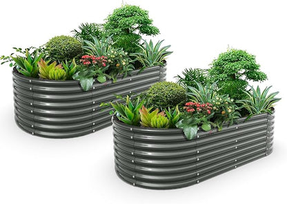 A ANLEOLIFE 2-Set 8X4X2 ft Galvanized Raised Garden Bed Kit, Oval Metal Deep Root Planters for Outdoor Plants, Quartz Grey