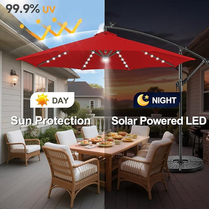 Solar Offset Patio Umbrella - 10 ft Solar Cantilever Umbrella Outdoor with 40 LED Lights and Cross Base, UV Protection for Garden, Deck, Backyard, Pool, Porch (Red)