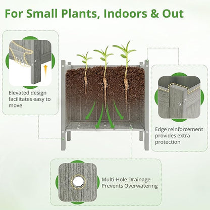LUE BONA Outdoor Plant Pots, 13.7" x 12.5" x 14.5" HDPS Flower Pots with Drainage Holes, Outdoor Planters Boxes for Outdoor Plants - Porch Patio, Garden or Entryway, Light Gray-Oil Printed