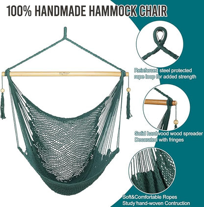 JoyView Hammock Chair with Spreader Bar Caribbean Hammock Swing Chair 300 LBS Weight Capacity XL Rope Hanging Chair for Outdoor Indoor Garden Yard - Green