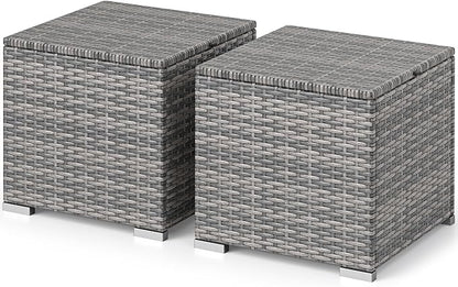 RELAX4LIFE Wicker Outdoor Storage Ottoman - 2-Piece Rattan Footstool w/Removable Cushion, Multipurpose Footrest Foot Stool Seating, Set of 2 Outdoor Ottomans for Patio Deck (Mix Grey-Grey)