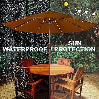 Blissun 9 ft Solar Umbrella 32 LED Lighted Patio Umbrella Table Market Umbrella with Tilt and Crank Outdoor Umbrella for Garden, Deck, Backyard, Pool and Beach, Brown