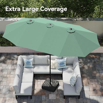 PHI VILLA 15ft Large Patio Umbrellas with Base, Outdoor Double-Sided Rectangle Market Umbrella for Pool Lawn Garden, Mint Green