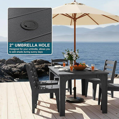 HDPE Patio Dining Set for 6, Weather-Resistant Outdoor Table with Umbrella Hole, Never Sagging One-Piece Tabletop with Metal Support Bars for Poolside Backyard Garden (Black)