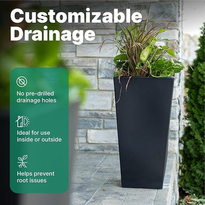 Step2 Tremont Tall Square Tapered Planter, 28", Indoor/Outdoor Plants, Efficient Drainage, Durable Resin, Onyx Black