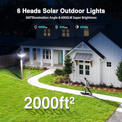 6000LM Solar Lights Outdoor Waterproof, 6 Heads Solar Flood Lights Outdoor with 2 Motion Sensor, 310 LED Motion Light with Remote Control for Yard Outside House Patio 3 Pack