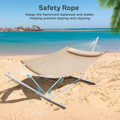 SUPERJARE Hammock with Stand, 2 Person Heavy Duty Hammock with Padded Cotton, Detachable Pillow & Strong Curved-Bar & Portable Carrying Bag, Perfect for Outdoor & Indoor, Beige