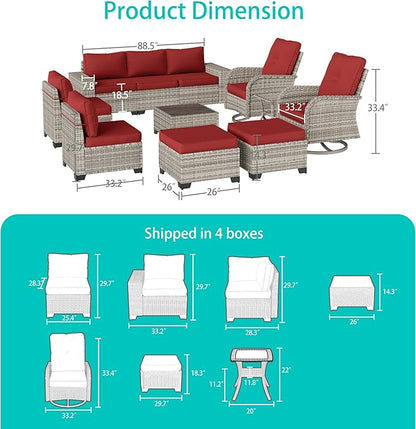 11-Piece Outdoor Patio Furniture Set with Rocking Swivel Chair Wicker Sectional Sofa Set, Patio Conversation Set with Ottomans & Coffee Table for Garden, Backyard, Poolside, Red