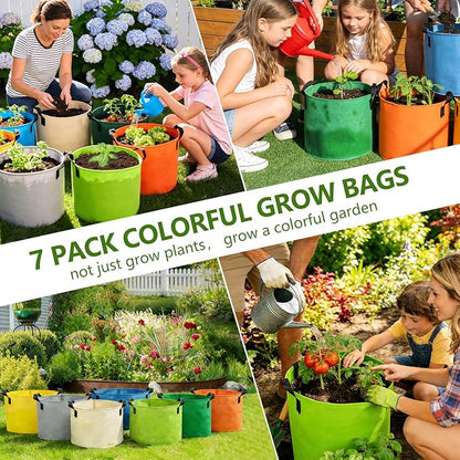 Grow Bags, 7 Pack Colorful 10 Gallon Grow Bags, Reusable Fabric Grow Bags, Foldable & Washable for Vegetables, Tomato Pots, Garden & Outdoor Growing