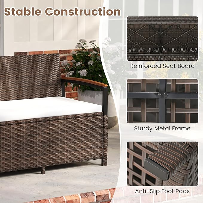 Benches, 46 Gallon Outdoor Storage Loveseat, Brown PE Rattan