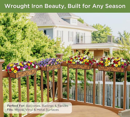 4pcs 24 Inch Window Deck with Coco Liner, 24" Window Boxes Horse Trough with Coconut Coir Liner, Metal Hanging Flower Planter Window Basket Deck Railing Planter Boxes for Outdoor Indoor Lawn