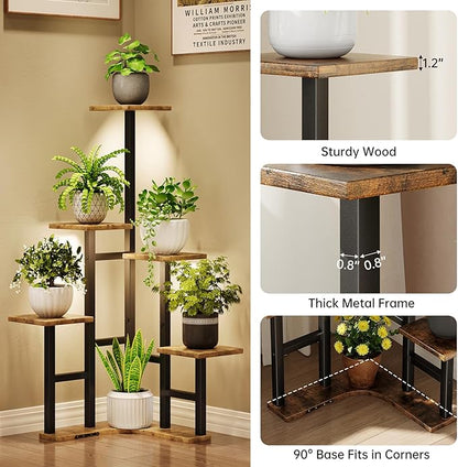 Corner Plant Stand Indoor with Grow Lights, 6 Tiered Corner Plant Shelf Flower Stand for Multiple Plants, Plant Shelves Organizer Rack for Living Room, Balcony, Patio, Square Rustic Brown