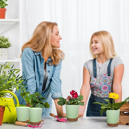 Self Watering Pots, 4 inch Flower Pots with Multi Mesh Drainage Holes, Small Platic Planters for Indoor Outdoor Garden Plants and Flowers (Green with Brown Tray, 4")