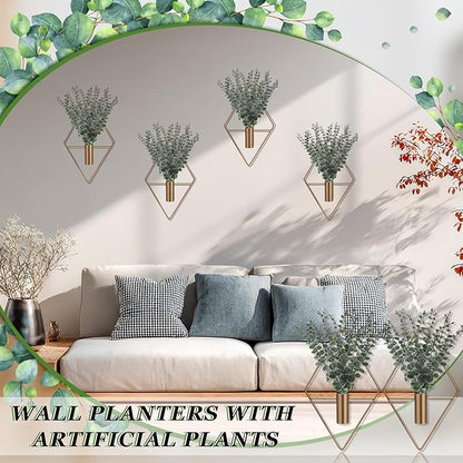 Jexine 8 Pcs Hanging Planters with Artificial Eucalyptus Metal Hanging Vase Indoor Plants Holder Modern Geometric Boho Bathroom Wall Decor for Living Room Home Office (Eucalyptus,Bronze)