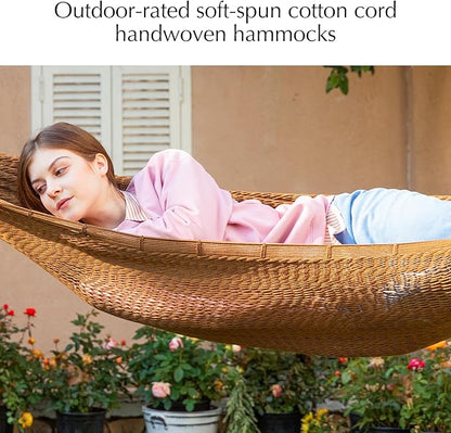 PNAEUT Handwoven Mayan Hammock, Thick Soft Rope Double Hammock for Outdoor Outside & Indoor, 600 lbs Capacity Heavy-Duty, Includes Tree Straps, Carabiners & Carrying Bag (Desert, X-Large)