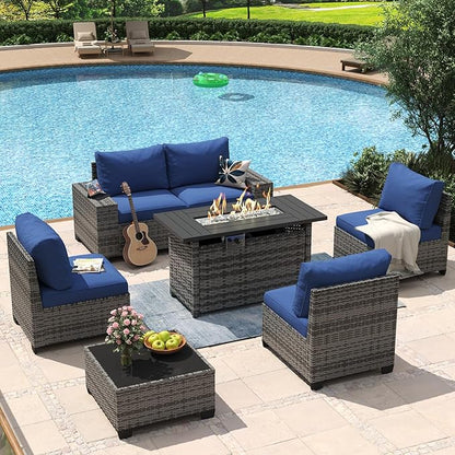 Aoxun 7 Piece Patio Furniture Set with Wide Armrests & 44” Fire Pit Table Wicker Rattan Outdoor Sectional Sofa Set with Coffee Table and Thickened Cushions, Gray/Blue(Waterproof Cover Included)