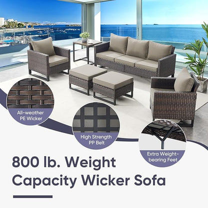 Belord 7 Piece Outdoor Furniture Patio Wicker Sofa Set, Oversize Outdoor Dining Chairs with Rattan Ottomans, Conversation Sets Patio Furniture Come with Removable Washable