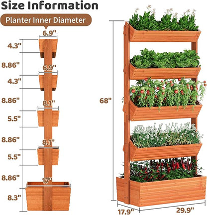 FILWH Wooden Raised Garden Bed Vertical Planter Box, Freestanding Plant Stand for Indoor Outdoor Plants, Herbs, Flowers, Vegetables, Gardening (Reddish Brown, 5-Tier，29.9 x 17.9 x 68in)